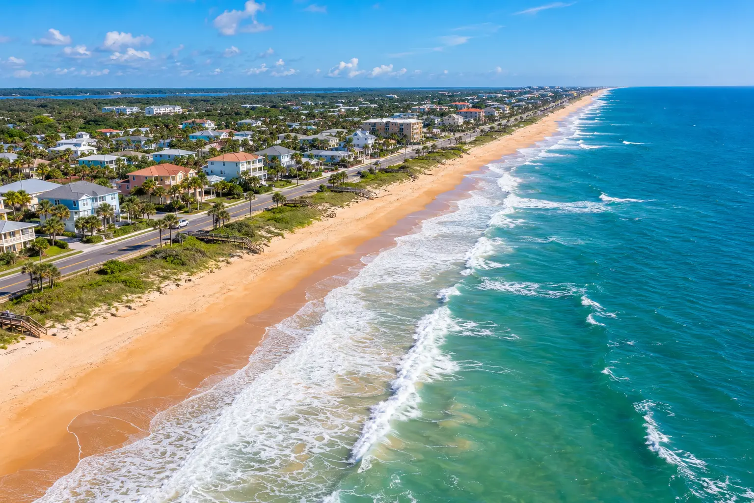 Aerial view of the Atlantic coastline and community in Flagler Beach, Florida