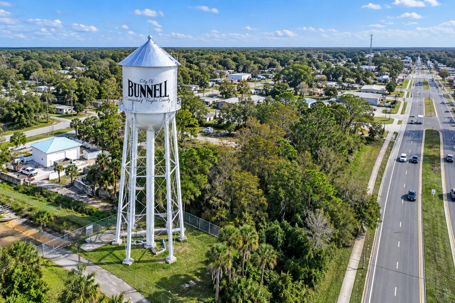 Aerial view of the City of Bunnell water tower in Bunnell, Florida