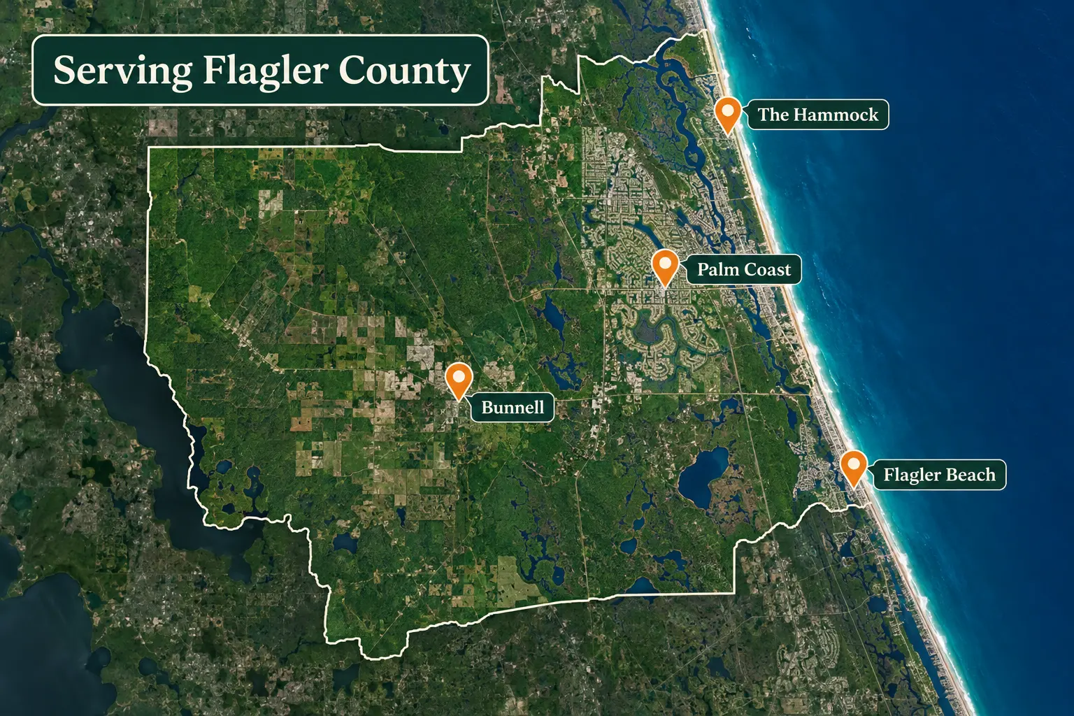 Map showing Amazin’ Grazin’ Lawncare service areas in Palm Coast, Flagler Beach, Bunnell and The Hammock