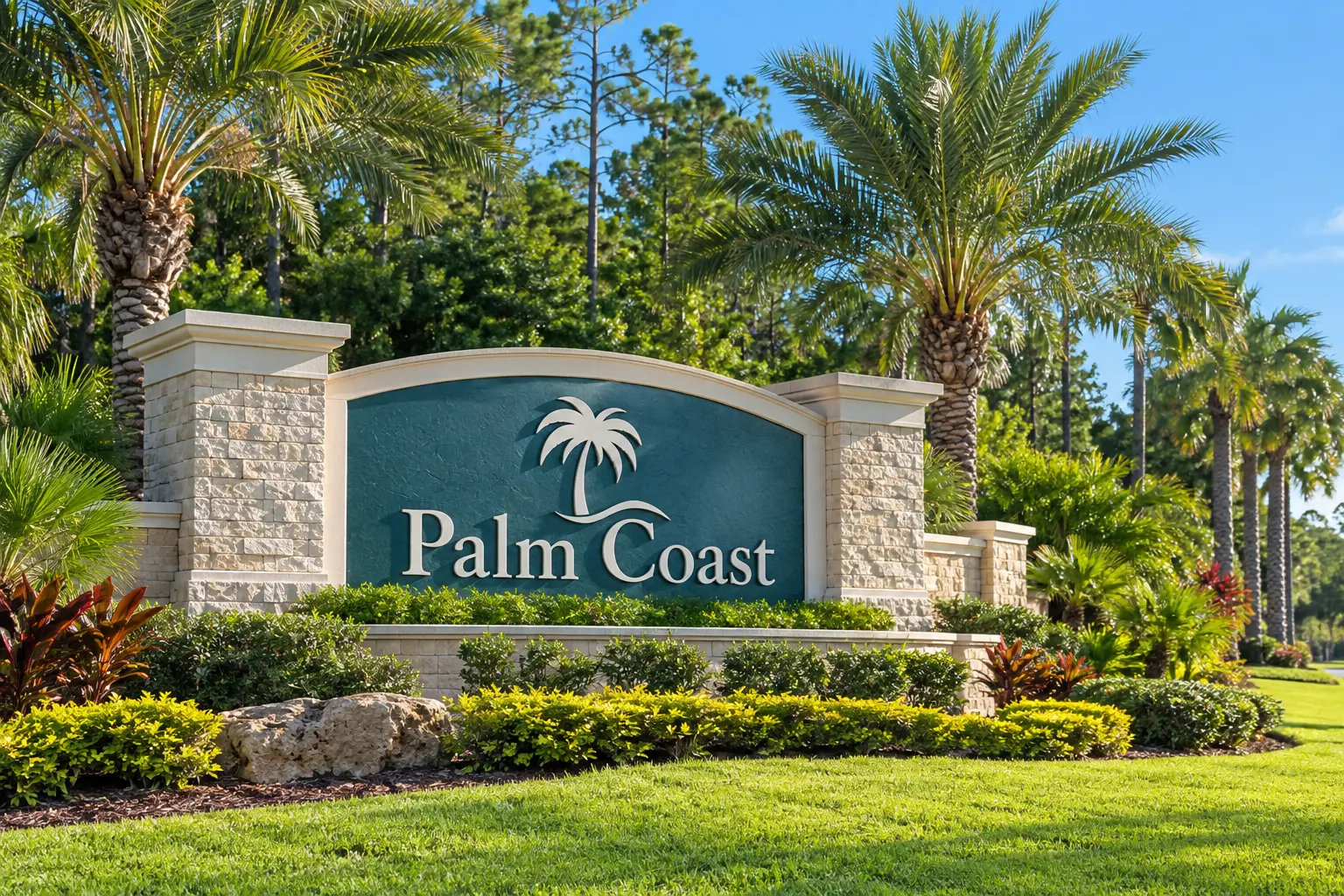 Palm Coast entrance monument surrounded by landscaped greenery and palm trees