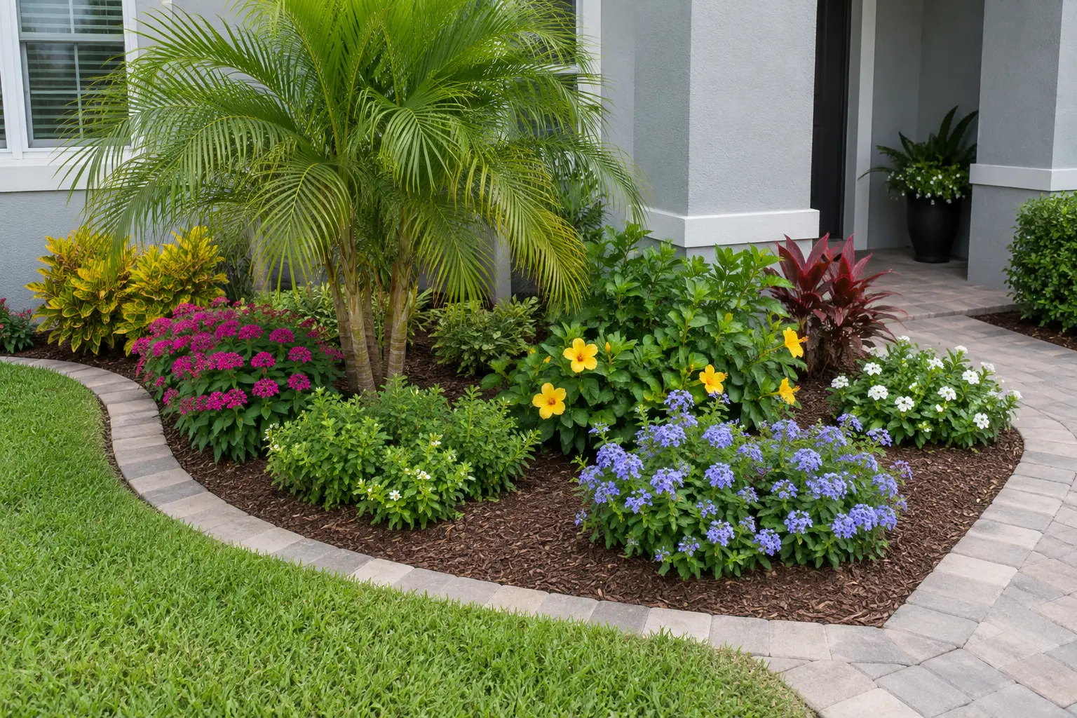 Colorful Florida planting bed with fresh mulch and decorative paver border