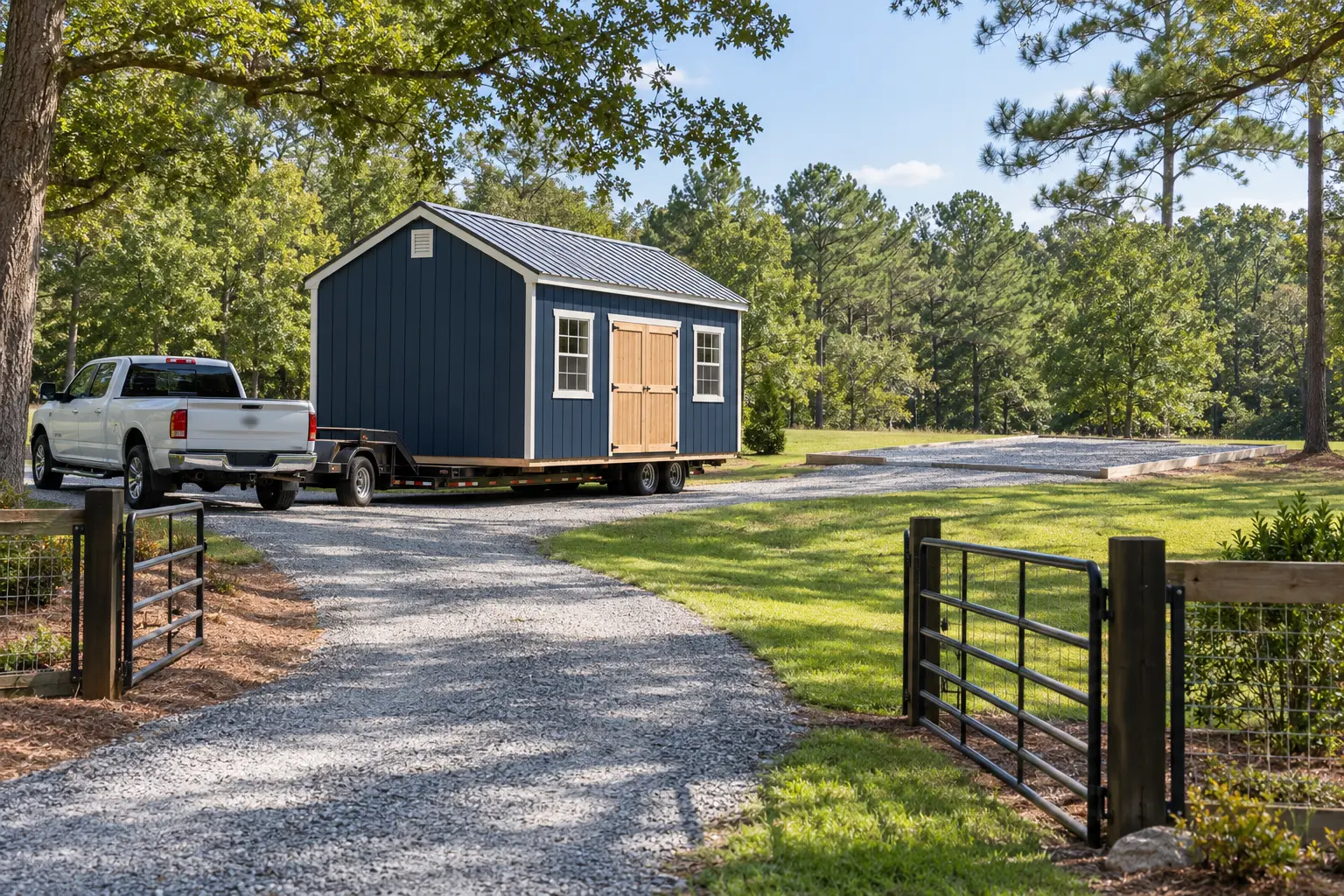 Portable storage building prepared for delivery in Central Alabama