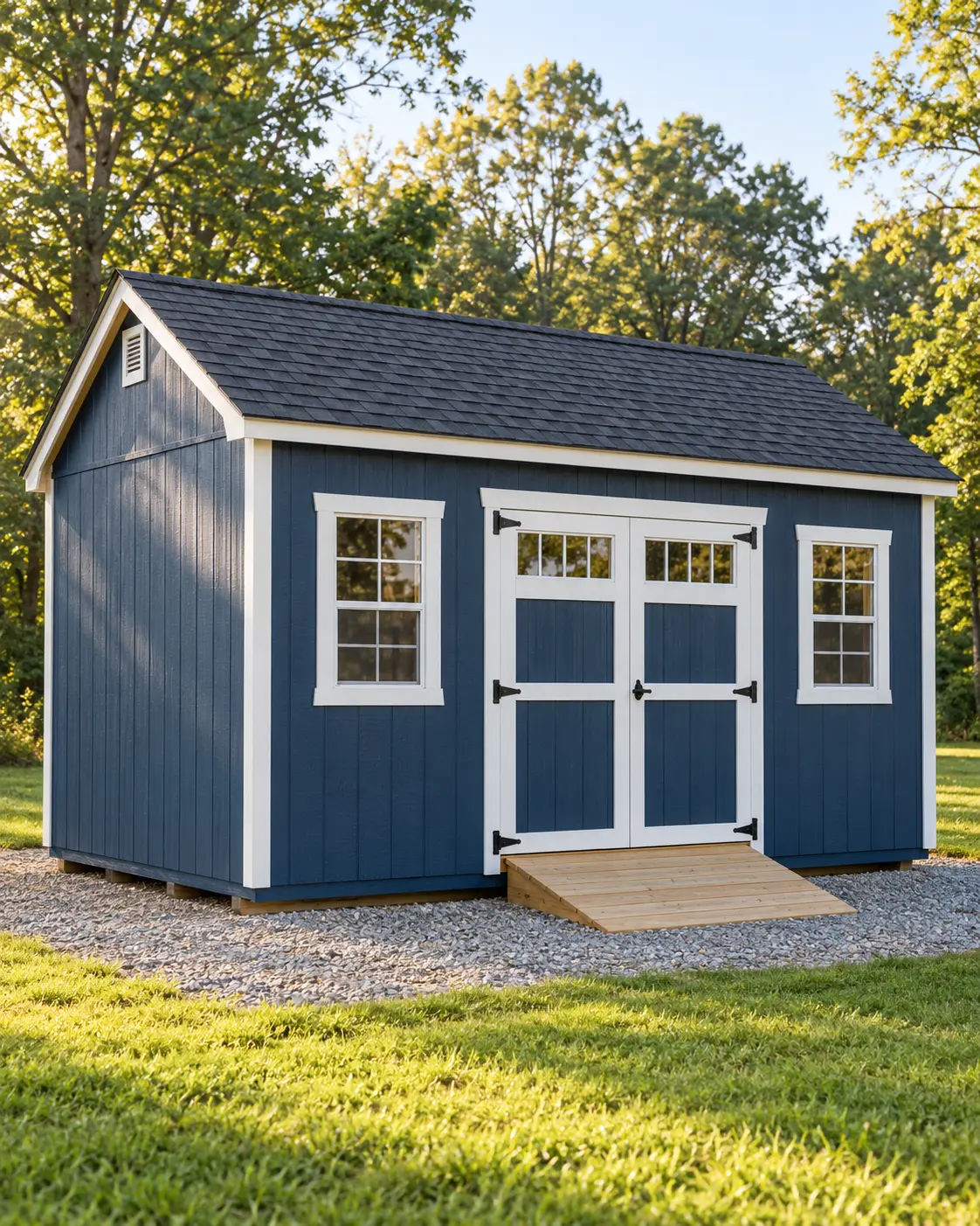 Blue storage shed with white trim available through Simply Sheds of Prattville