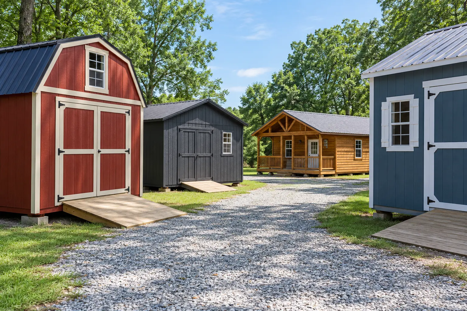 Portable sheds, barns and cabins displayed at a Central Alabama sales lot