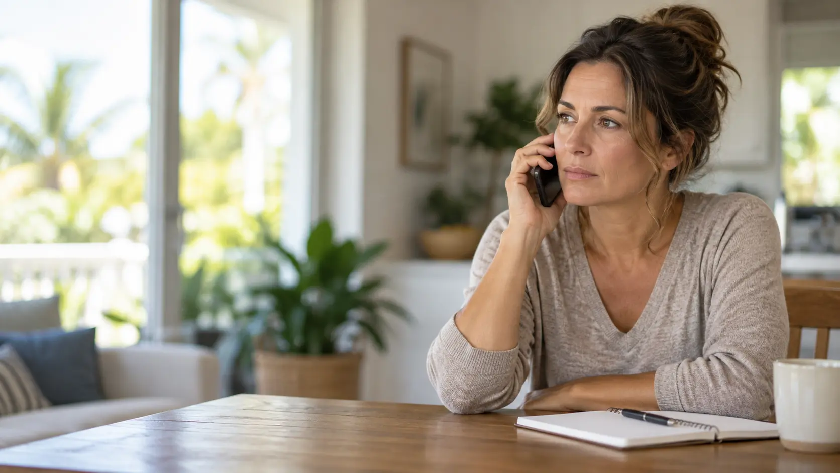 Woman making a phone call at home with a notebook nearby