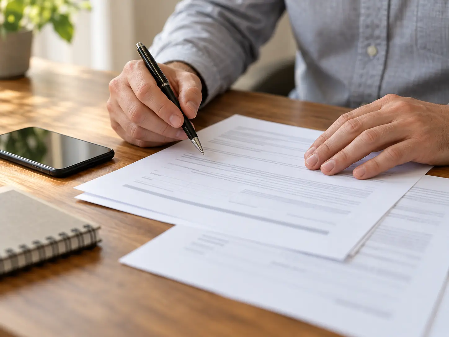 Hands reviewing paperwork beside a phone and notebook