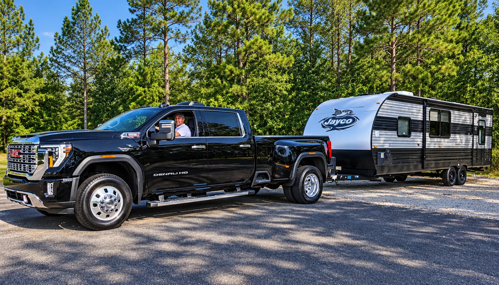 Dustin driving a black GMC Denali HD truck with a Jayco travel trailer attached.