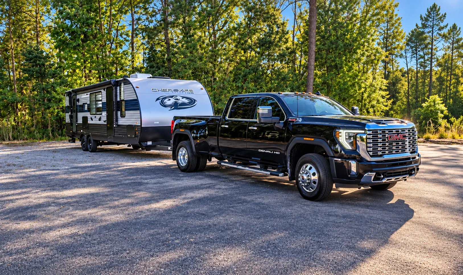 Black GMC Denali HD truck with a Cherokee travel trailer attached in a wooded parking area.