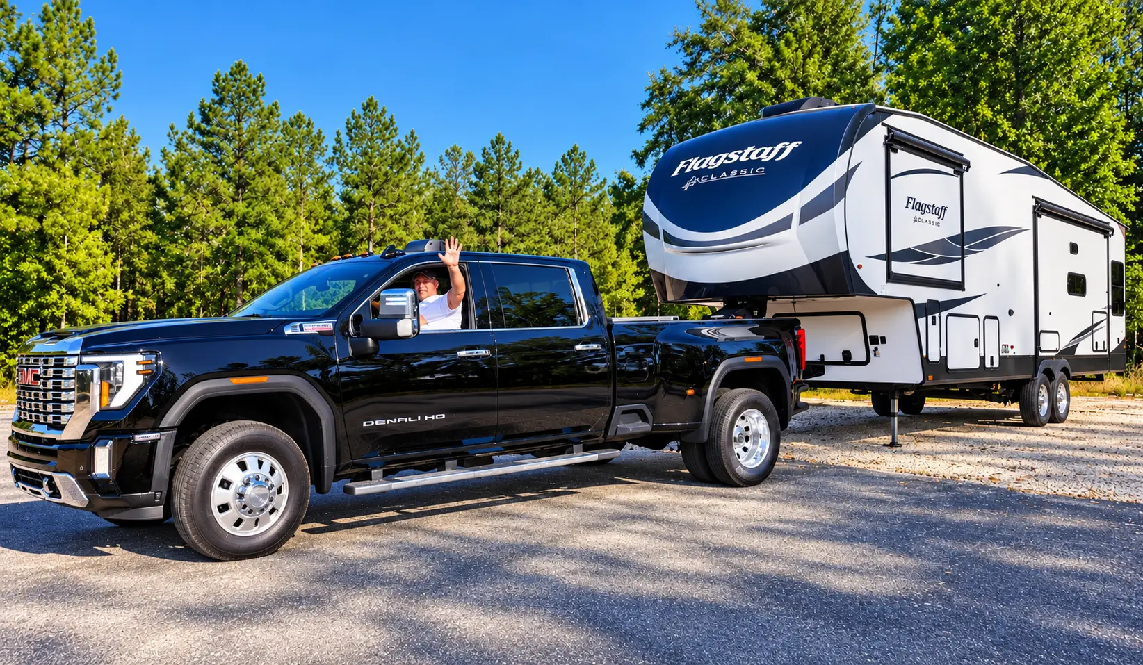 Dustin waving from his black GMC truck with a Flagstaff fifth-wheel RV attached.
