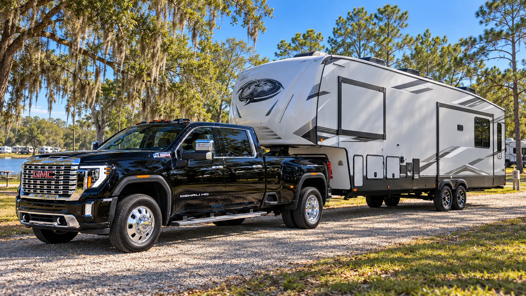 Black GMC Denali HD truck with a large white fifth-wheel RV in a wooded campground setting.