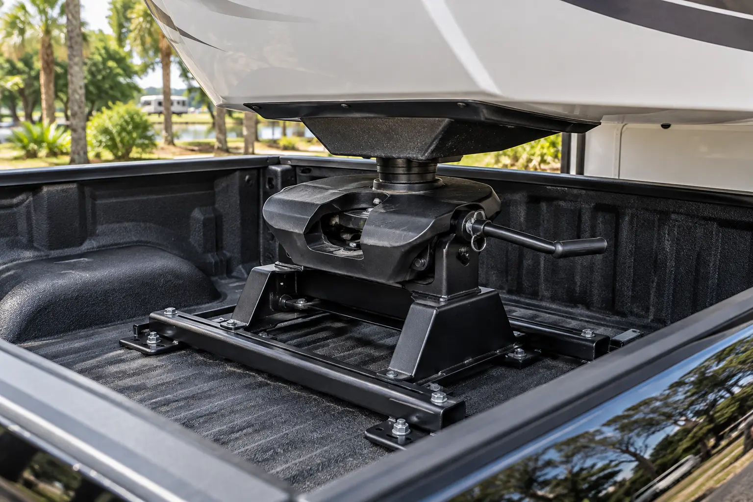 Illustrative close-up of fifth-wheel hitch equipment inside a black pickup bed.
