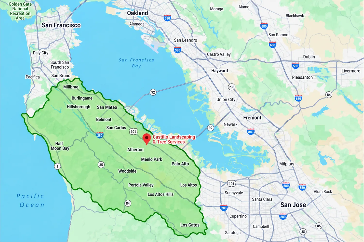 Castillo Landscaping and Tree Services service area map showing Redwood City, the San Francisco Peninsula, South Bay, Half Moon Bay, and surrounding communities.
