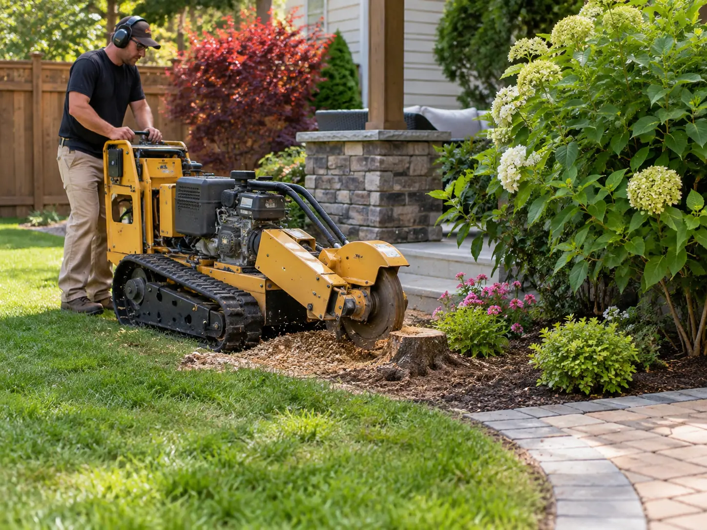 Compact stump grinder near landscaping