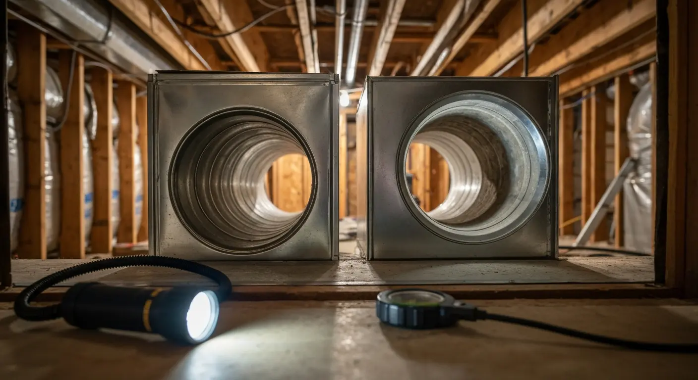 Air duct inspection revealing dust and debris