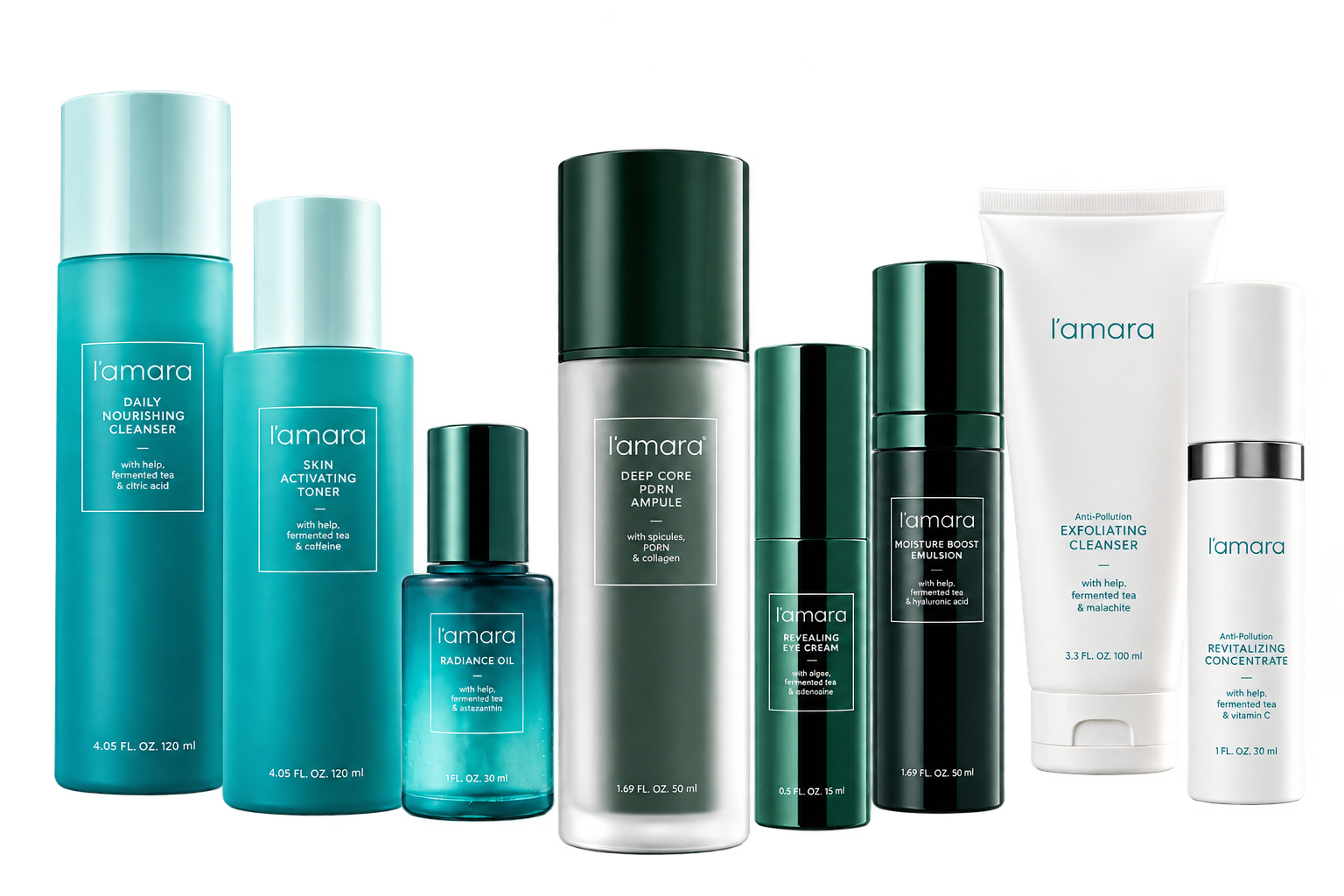 L'amara staggered boutique shelf product lineup glowing in warm light