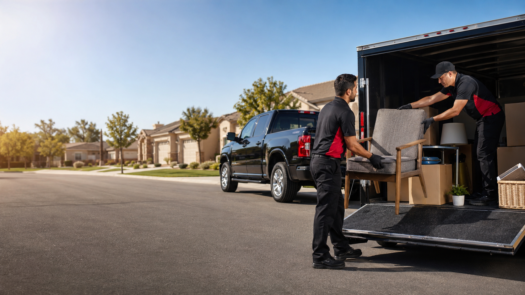 Local crew loading unwanted household junk for removal in Bakersfield, California