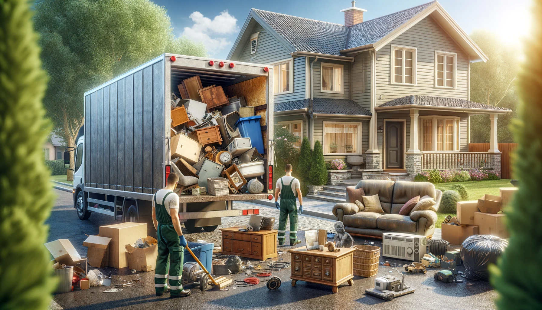 Junk removal crew loading unwanted household items into a hauling truck