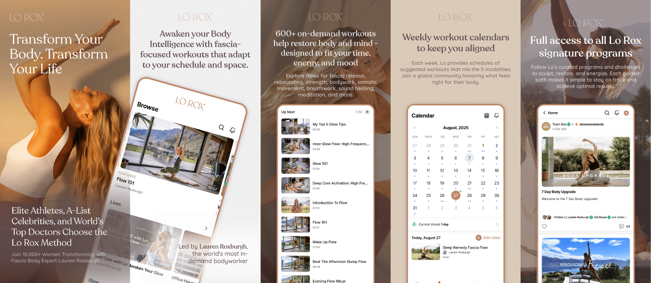 Lo Rox fitness app showcasing fascia-focused workouts
