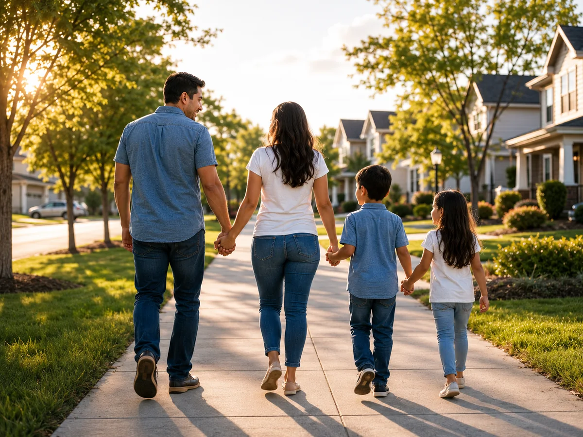 Familia caminando junta en su vecindario