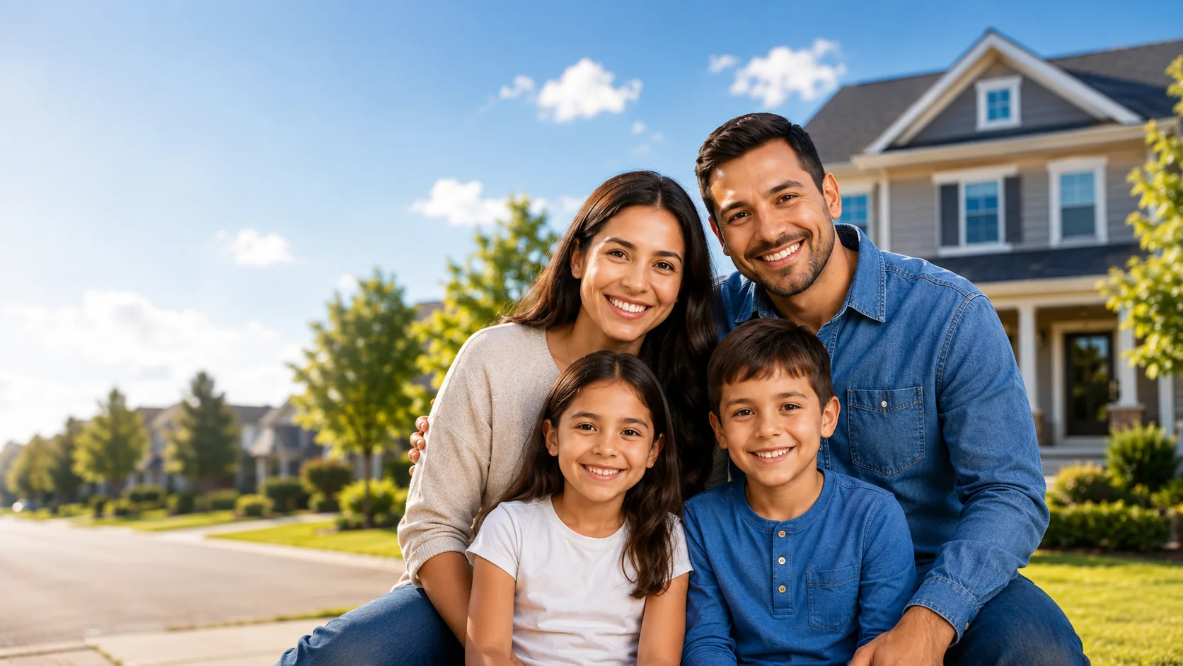 Familia feliz frente a su hogar