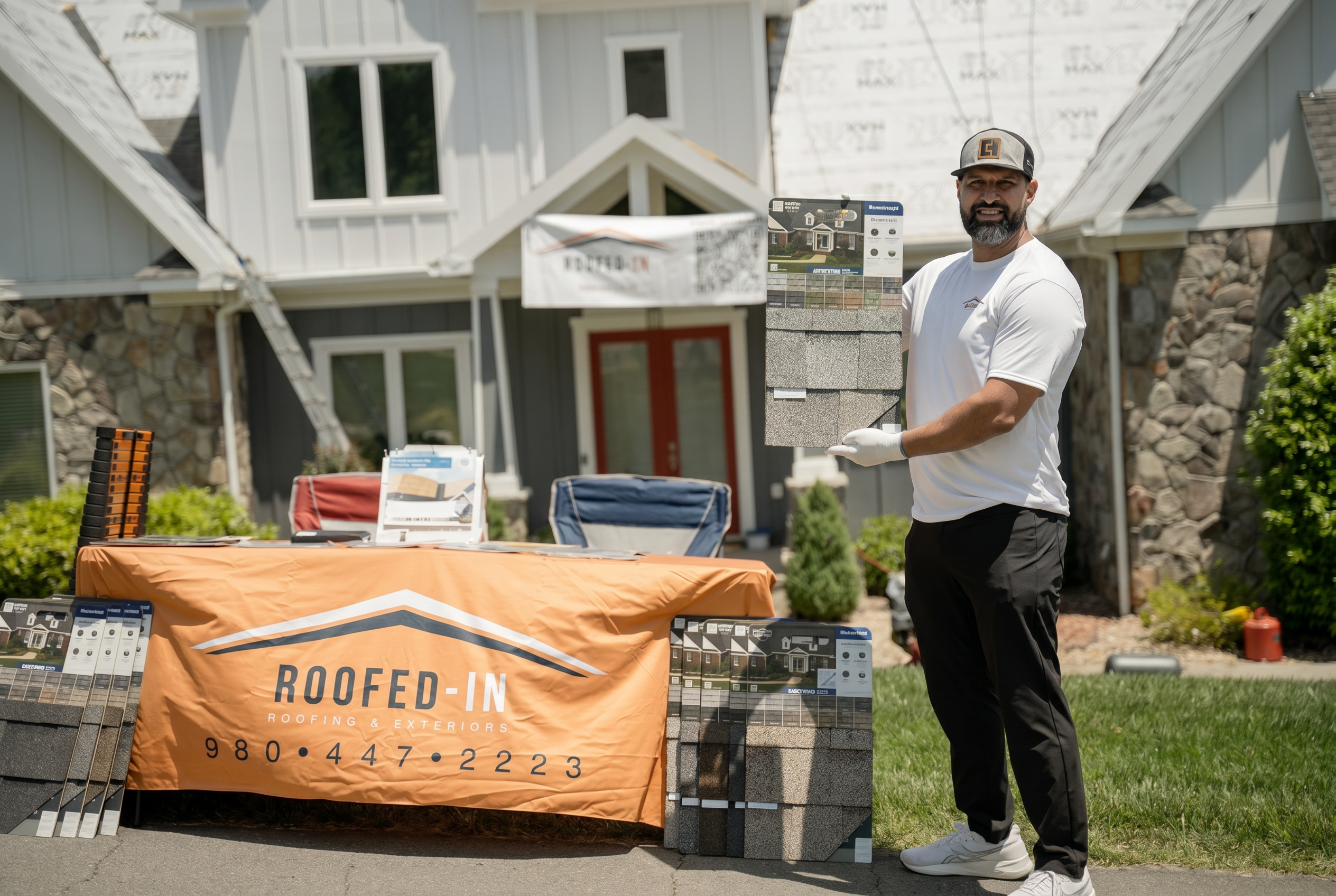 Aaron King, owner of Roofed-In, on a Charlotte-area jobsite with shingle samples