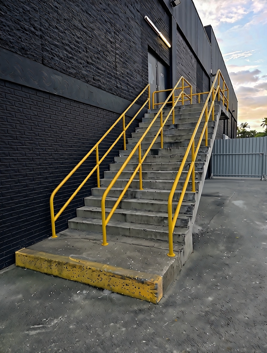 Heavy-duty steel access platform and walkway with compliant safety handrails at a Queensland facility