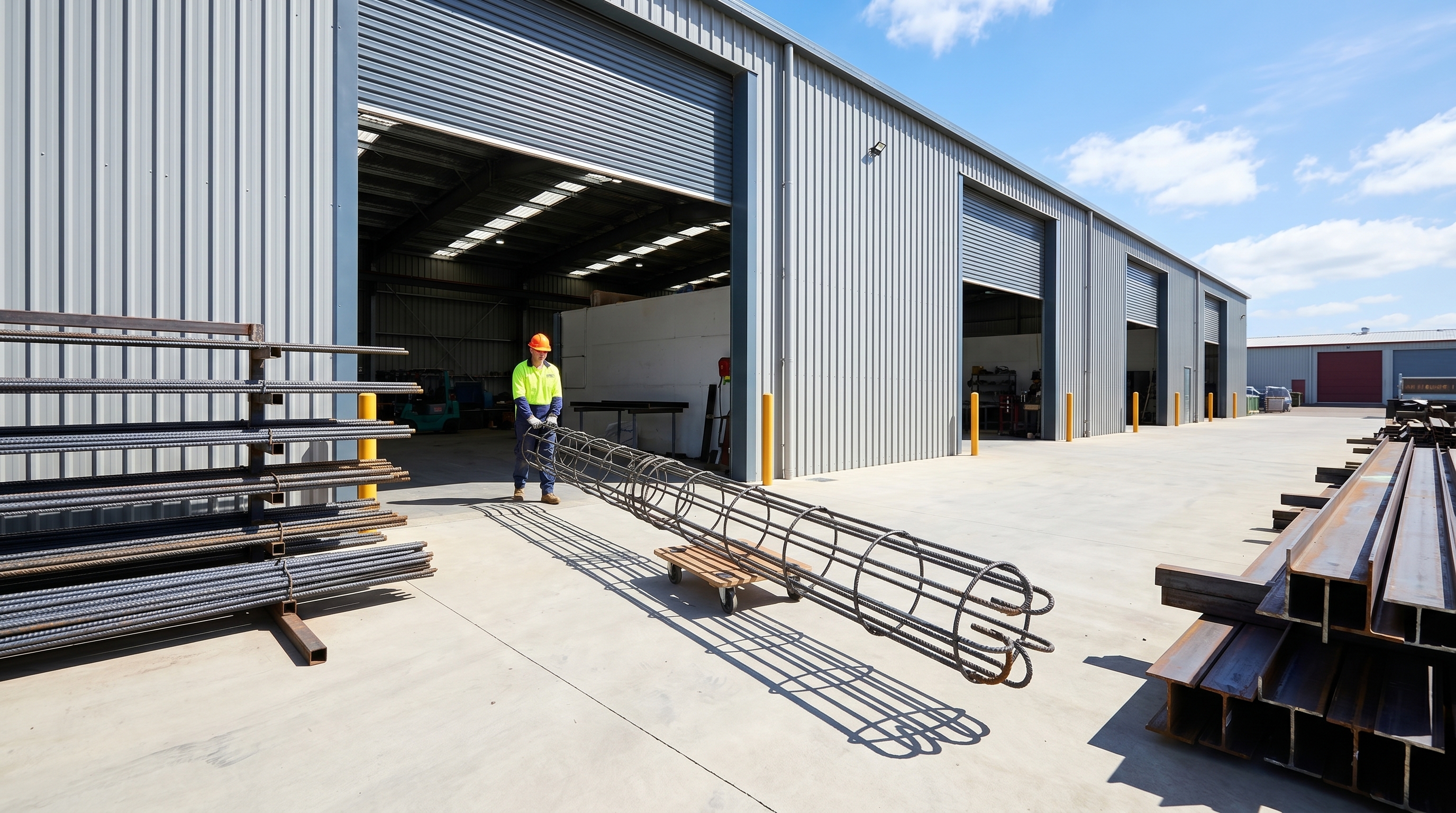Prefabricated steel reinforcing cage built to specification, ready for concrete pour on site
