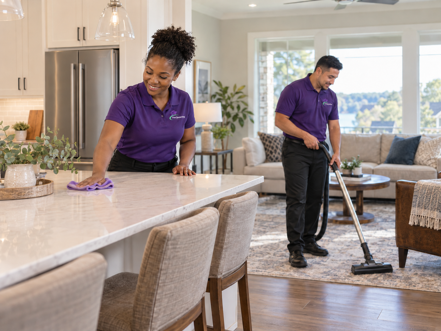 Professional two-person cleaning team providing residential cleaning services in a Charlotte-area home