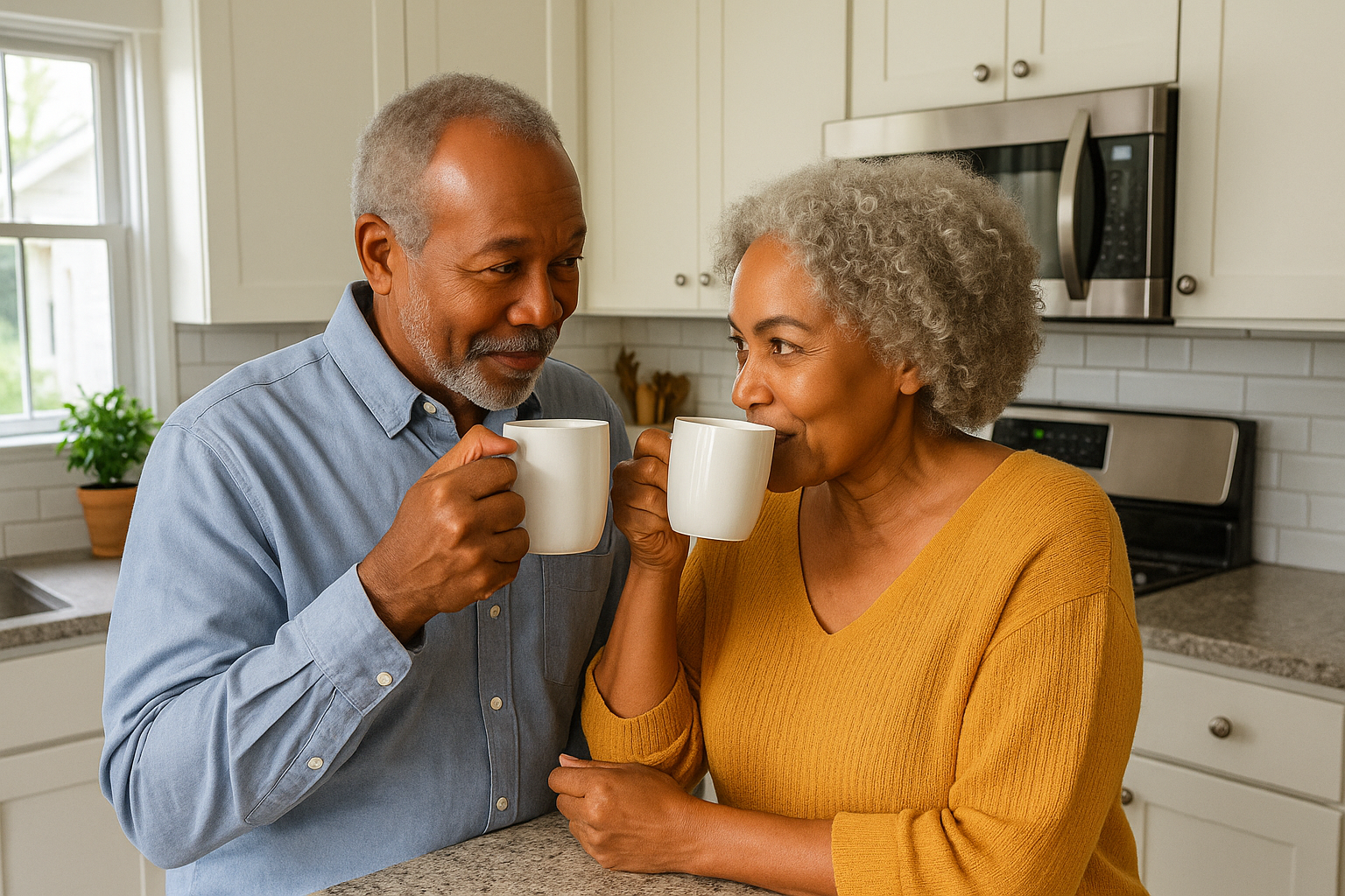 Couple drinking coffee in the kitchen