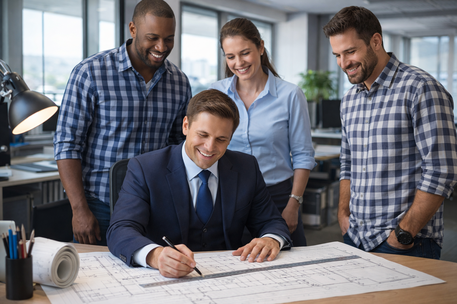 Founder-Architect drafting plans while his team watches excitedly Founder-Architect drafting plans while his team watches excitedly