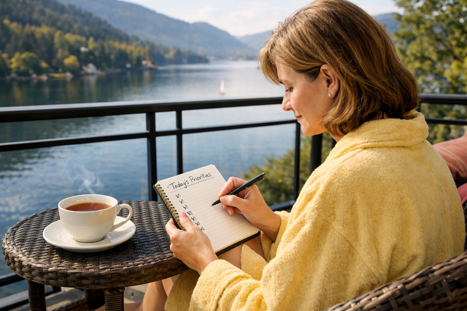 Woman sitting on a balcony, writing down today's priorities.