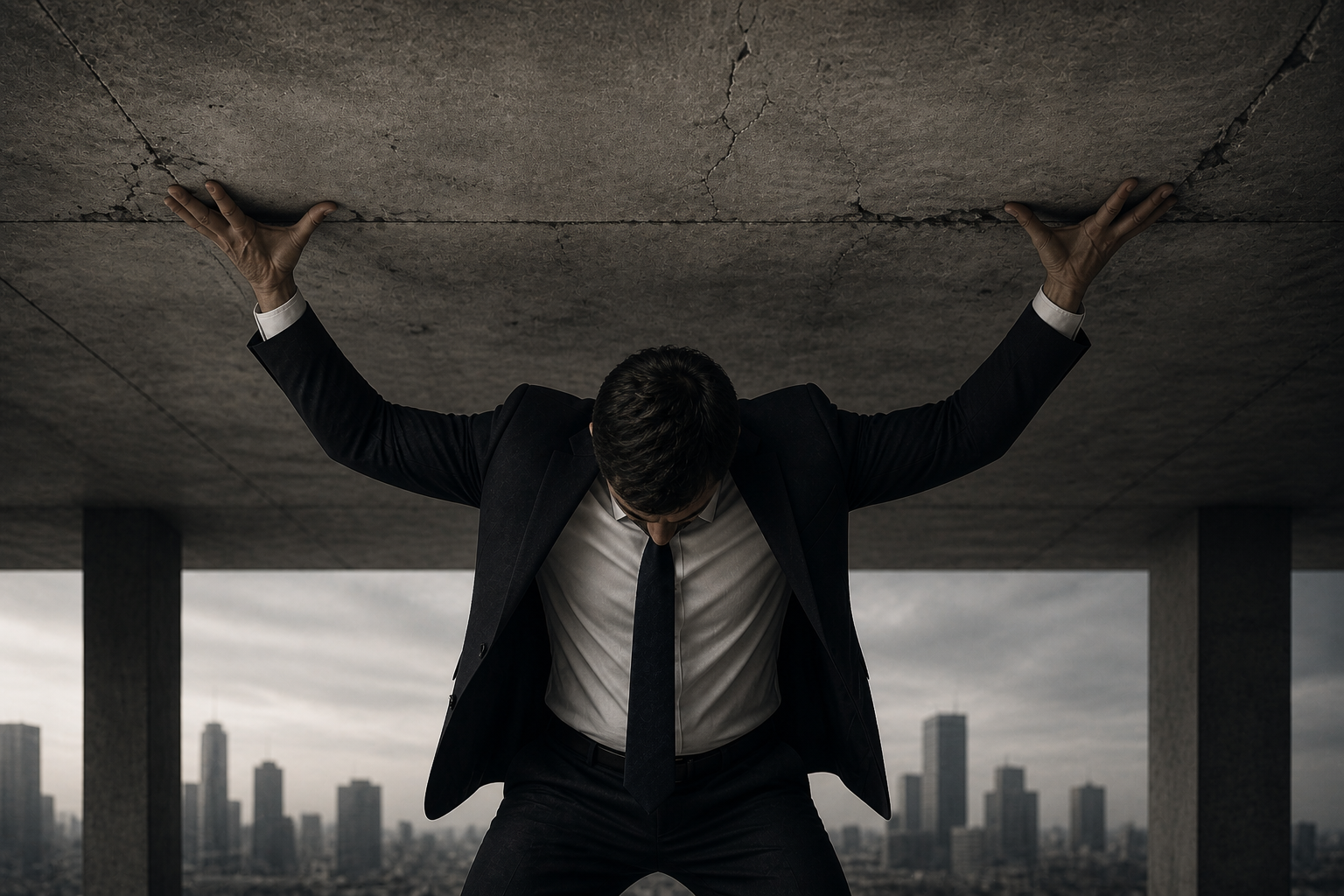 A businessperson in a tailored suit holding a structure together under visible strain