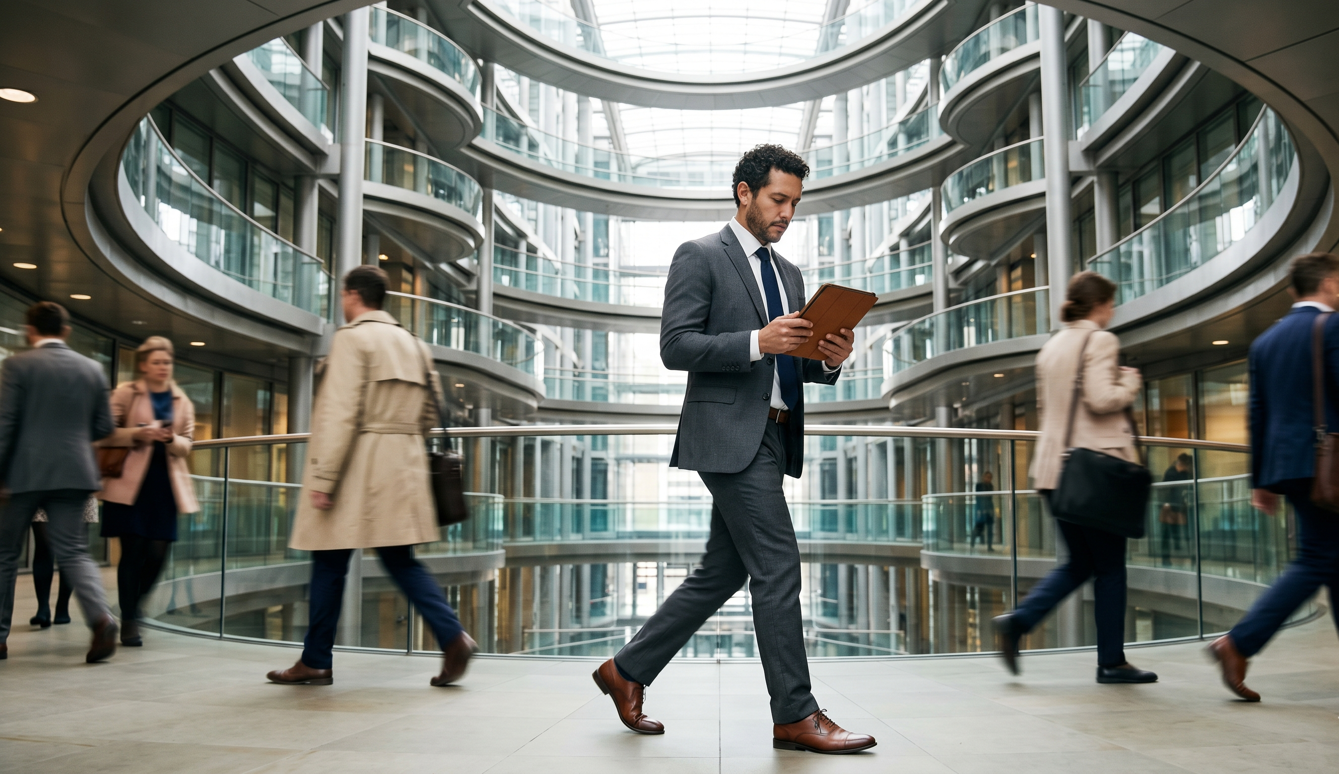 A businessperson walking quickly through a blurred crowd or hallway while carrying looking at his iPad