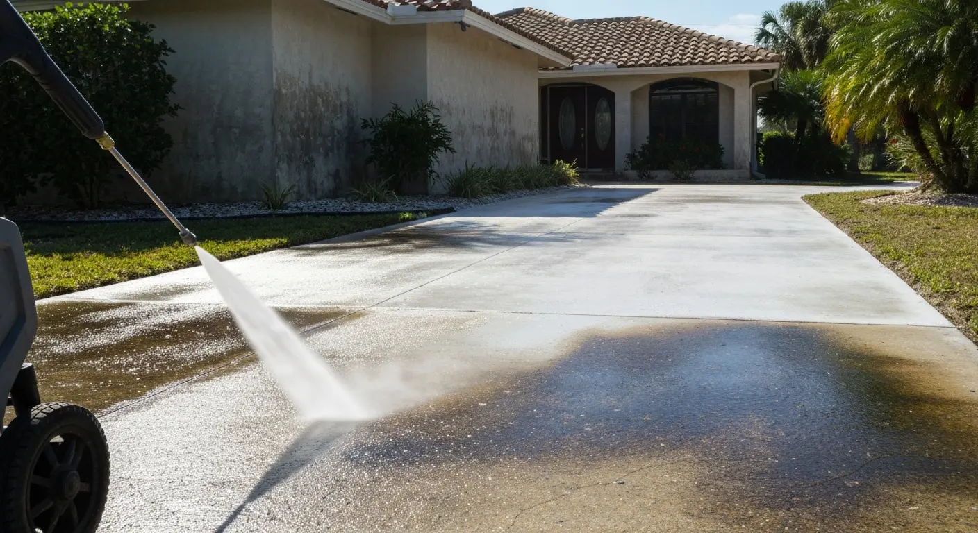 Pressure washing driveway removes algae and stains