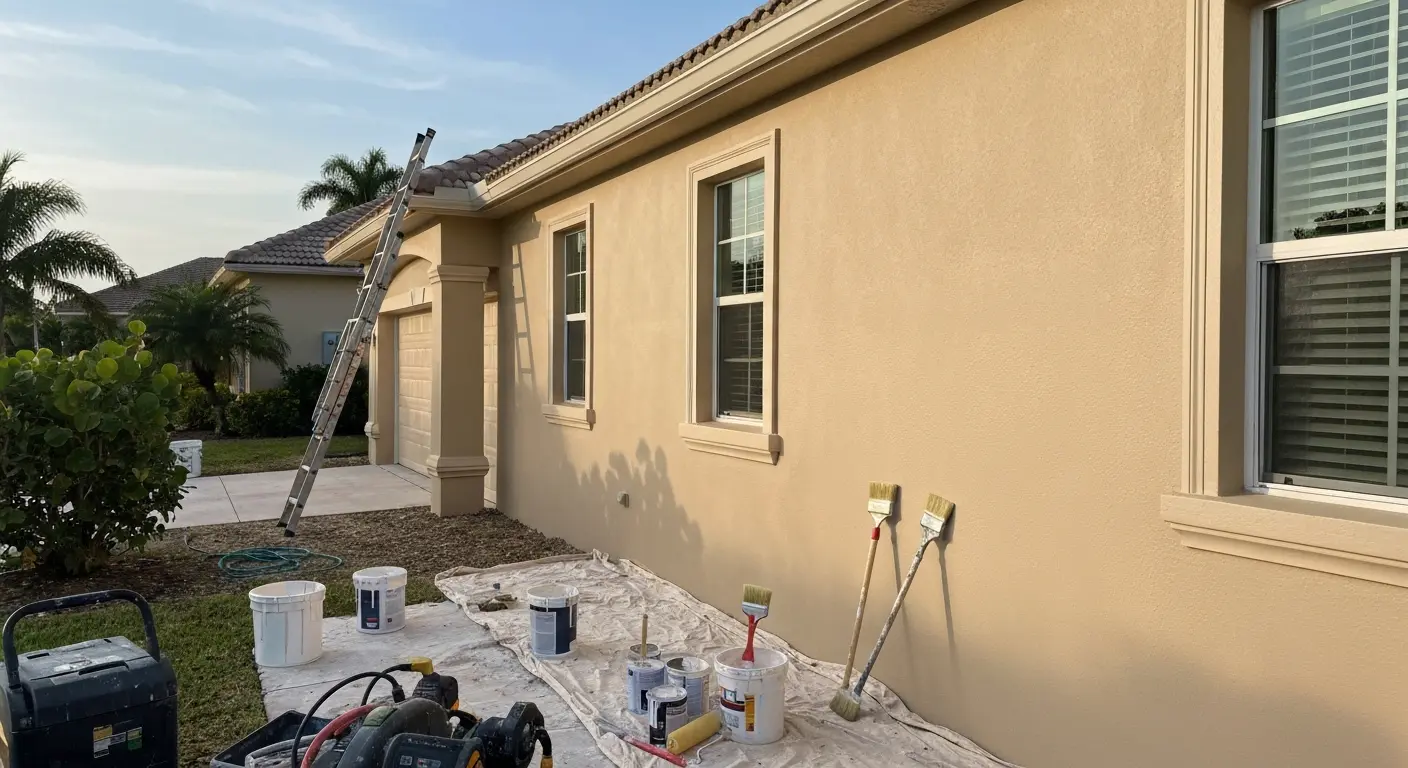 Exterior house painting showing stucco and trim work