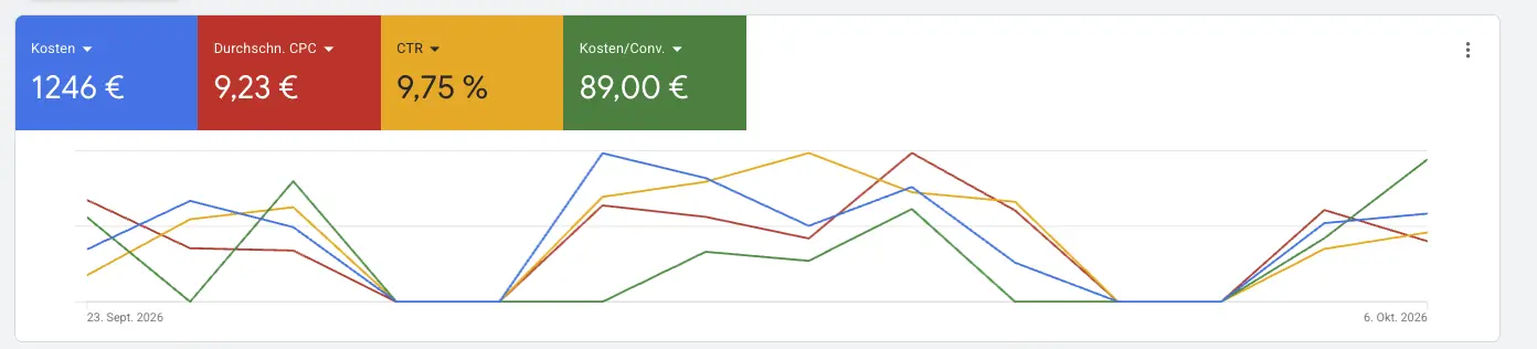 Google Ads Entrümpelung: Kampagnenwerte nach der Budgeterhöhung auf 100 € Tagesbudget