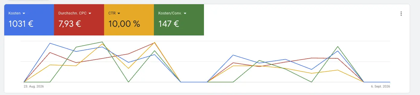 Google Ads Entrümpelung: Kampagnenwerte vor der Budgeterhöhung bei 70 € Tagesbudget