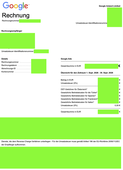 Beispiel einer Google-Ads-Rechnung von Google Ireland Limited mit 0 % VAT und Reverse-Charge-Hinweis, persönliche Daten geschwärzt