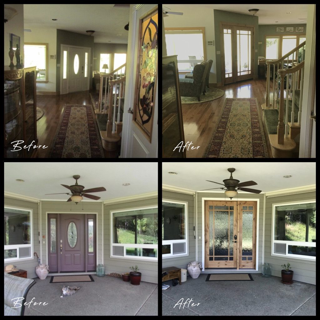 Before and after photos of an entry door and front windows replaced by Mitchell Window & Door