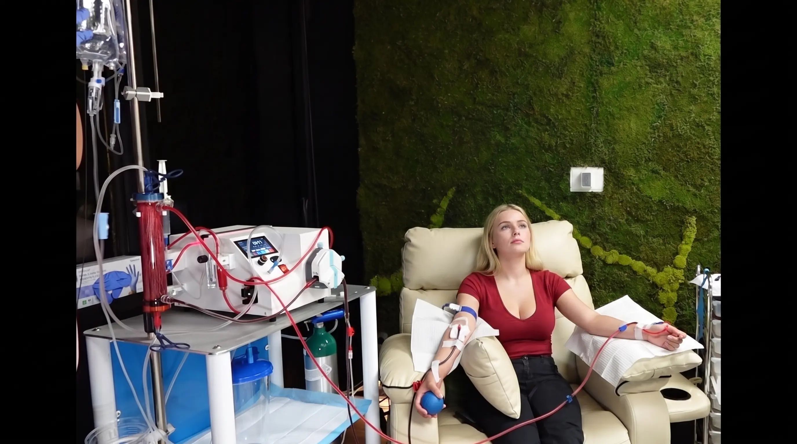 Paciente sometiéndose a terapia EBOO, ilustrando el flujo de trabajo diseñado para gestionar diferentes volúmenes de sangre. Paciente sometiéndose a terapia EBOO, ilustrando el flujo de trabajo diseñado para gestionar diferentes volúmenes de sangre.