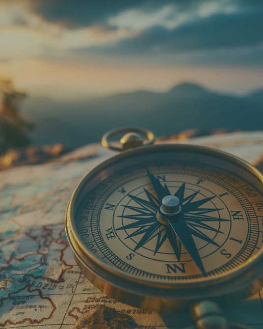 A brass compass on a map at sunrise