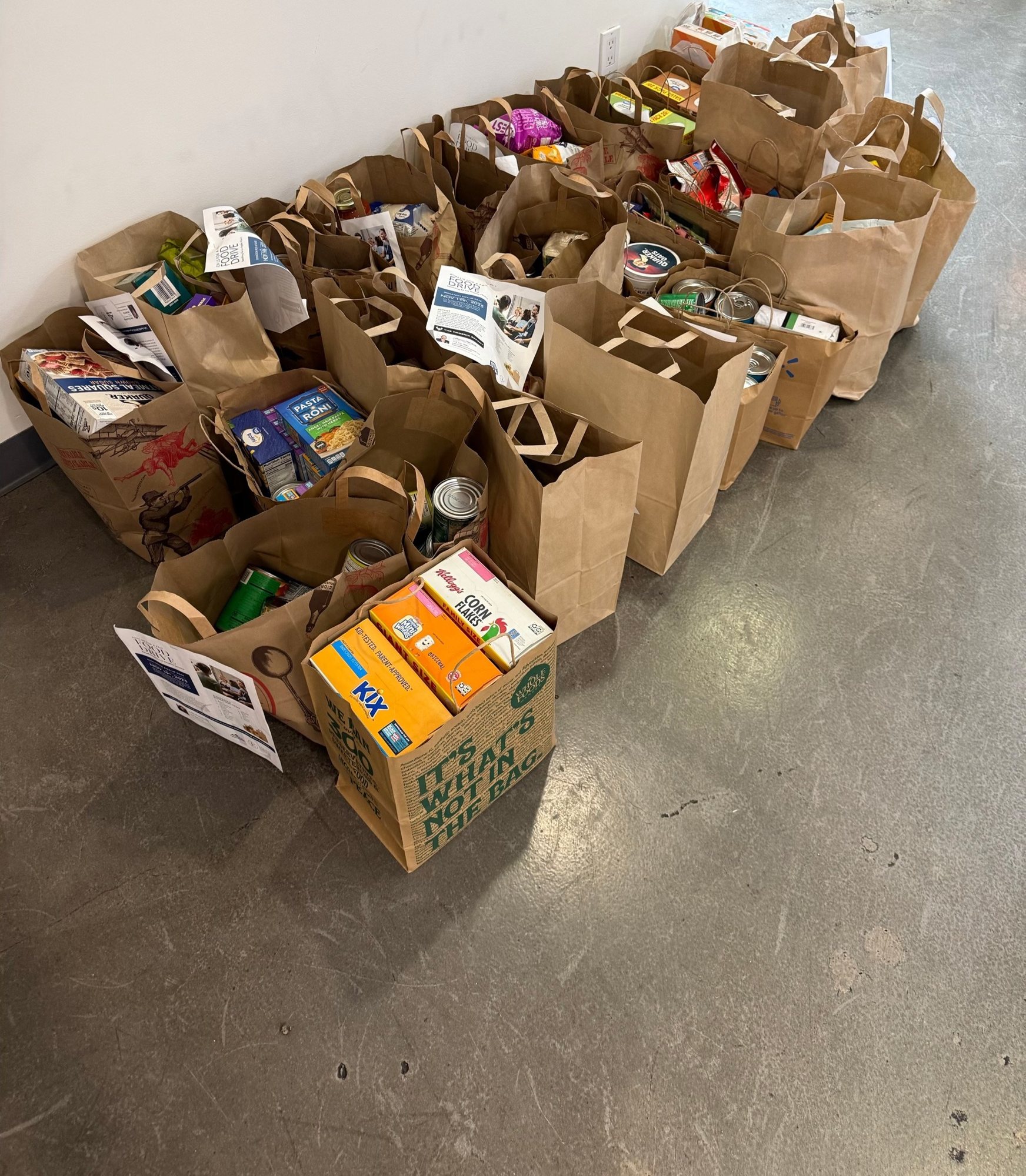 Rows of grocery bags full of donated food from a TPE food drive