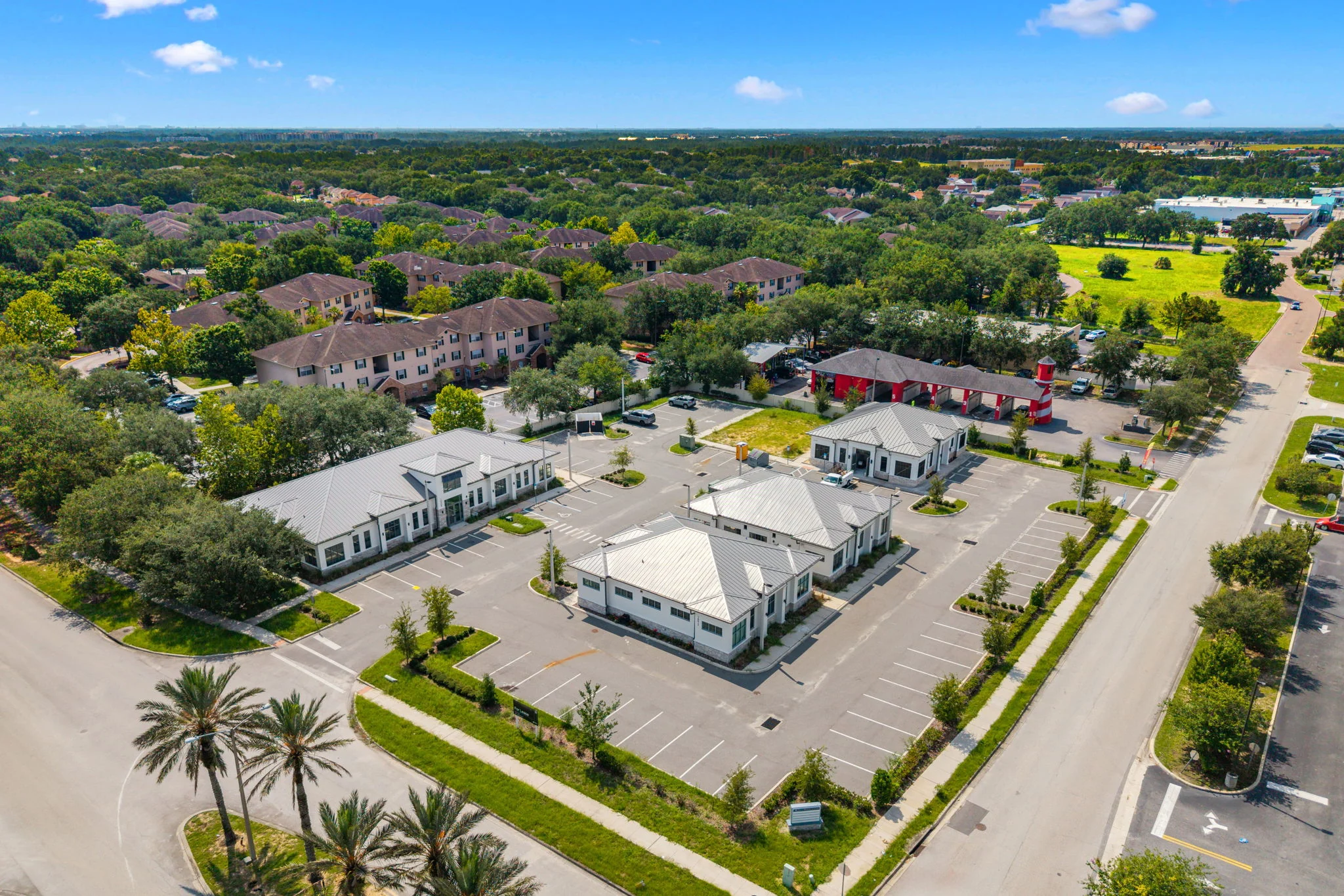 Aerial view of contemporary low-rise commercial complex