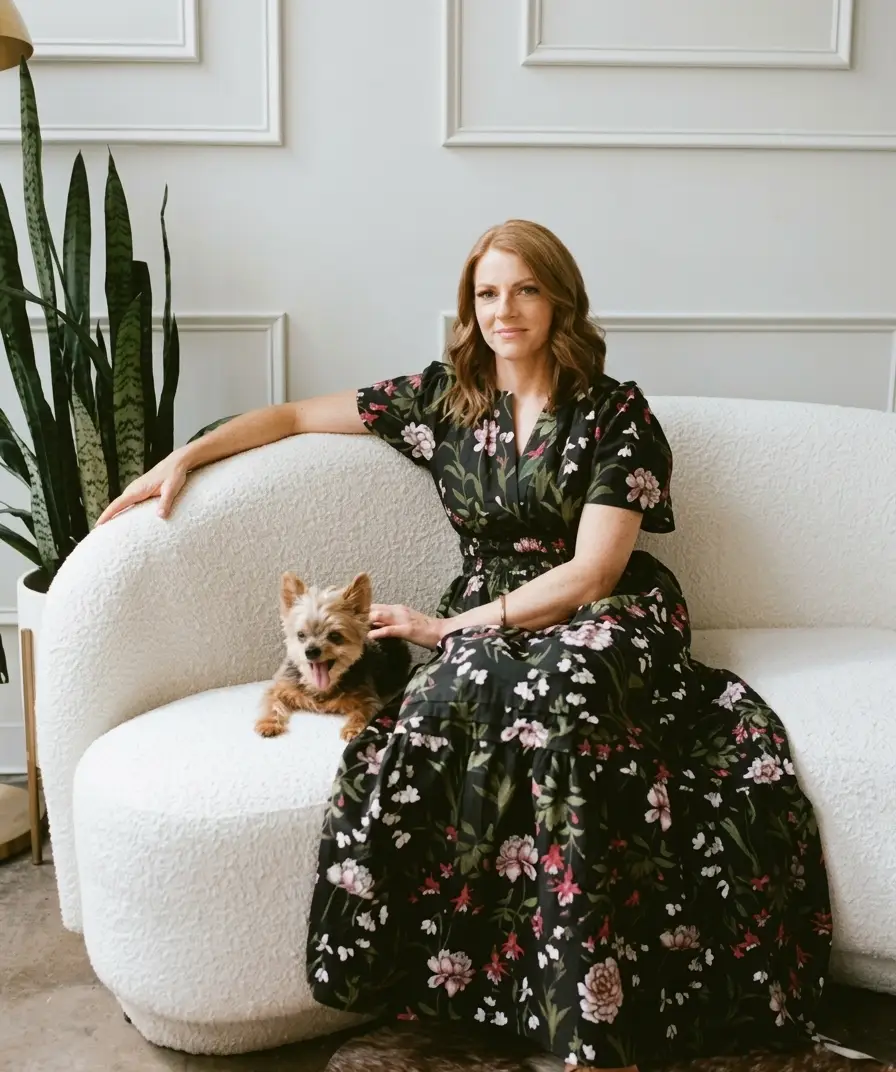 Dr. Erin Torzewski lounging on the couch with her pet dog