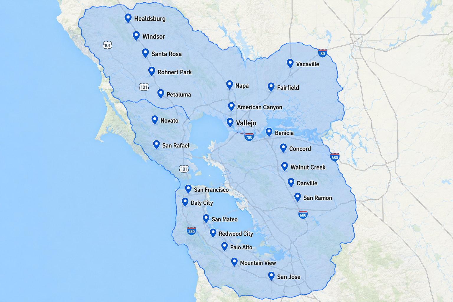 NewCap Roofing Service Area Map — Greater Bay Area