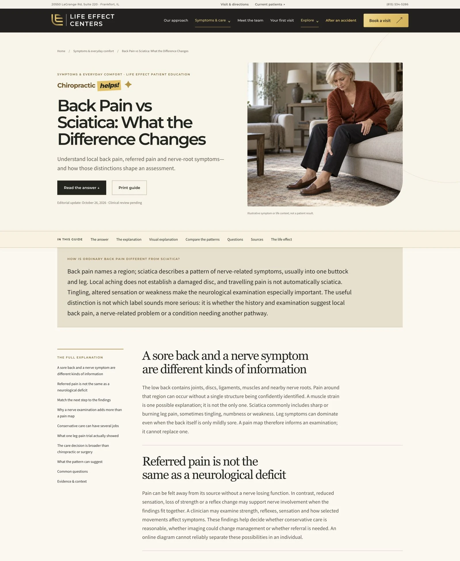 Life Effect Centers project screenshot: Back Pain vs Sciatica: What the Difference Changes