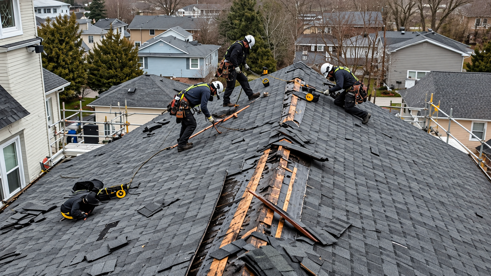 Aging roof with curled, missing shingles and moss before replacement