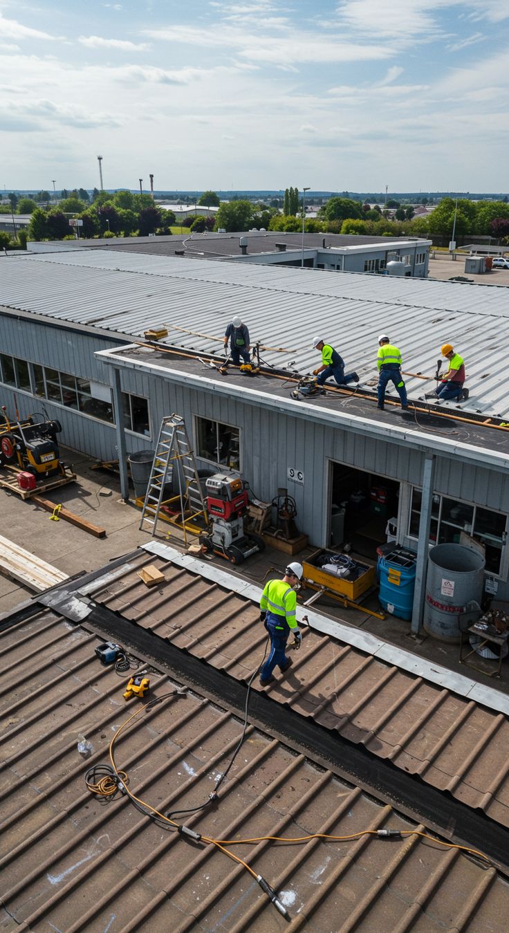 Aerial view of a white membrane flat roof on a commercial building in Manchester by IronPeak Roofing