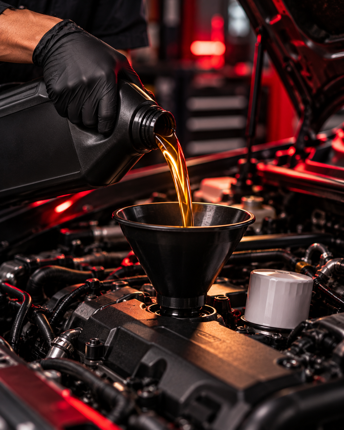 Fresh oil being poured during an oil change