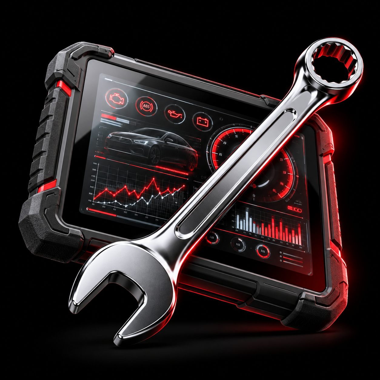 3D render of a diagnostic tablet and wrench